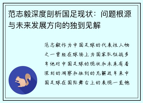 范志毅深度剖析国足现状：问题根源与未来发展方向的独到见解